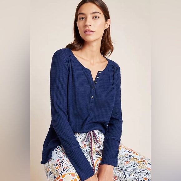 Anthropologie Navy Blue Waffle Knit Button Henley Long Sleeve - Picture 1 of 7